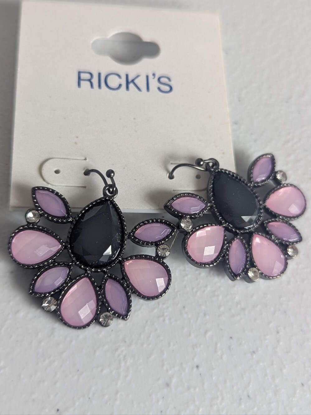Ricki's Pink & Black Teardrop Cluster Fan Statement Earrings with Rhinestones